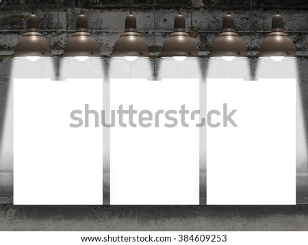 Close-up of three hanged paper sheet frames with lamps on dark wall background