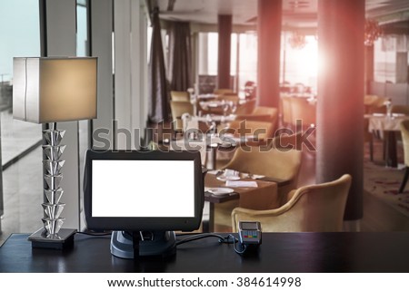 Point of sale POV with blank screen in restaurant                                Royalty-Free Stock Photo #384614998