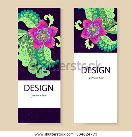 Design banner purple. Vector template for business artworks: folder, business card and invitation on floral background