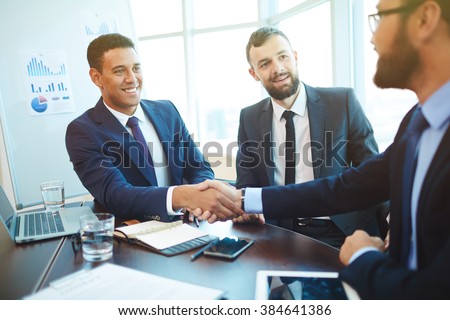 Businessmen shaking hands during a meeting Royalty-Free Stock Photo #384641386