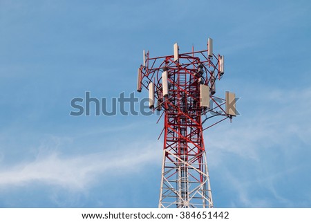 communication tower and cellphone tower on blue sky background