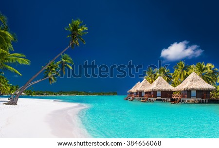 Beach villas on a tropical island with palm trees and white sandy beach Royalty-Free Stock Photo #384656068