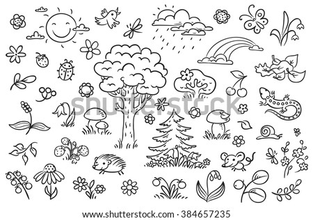 Cartoon nature set with trees, flowers, berries and small forest animals, black and white outline