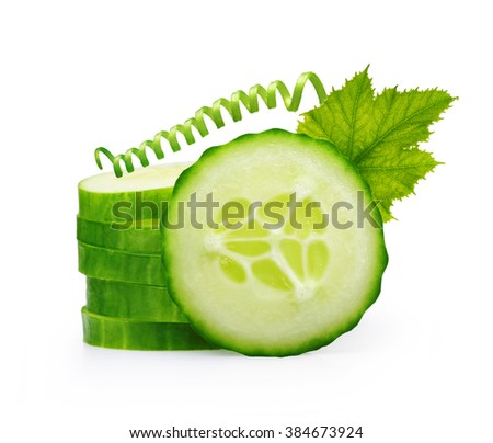 Stack of green cucumber slices with leaf isolated on white