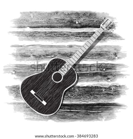 Vector illustration of an acoustic guitar on a wooden background in black and white, monochrome image isolated object on a white background.