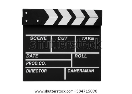Black clapperboard isolated on white background.