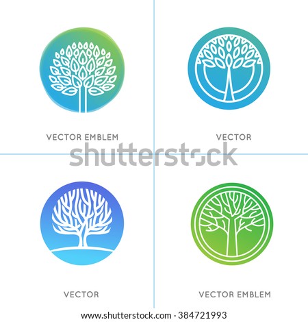 Vector set of business and abstract emblems in green gradient colors - trees and plants - growth concepts