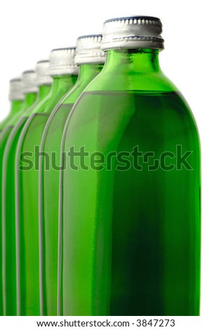 bottle o green color with mineral water isolated on  white background