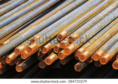 Rebar piled up together, in the construction site 