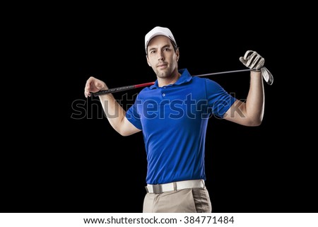 Golf Player in a blue shirt, on a black Background.