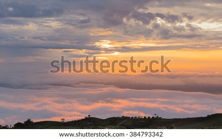 The sunrise view on morning twilight time (orange color) at the top of mountain with sea of fog. 
Taking image by shallow focus dept of field.