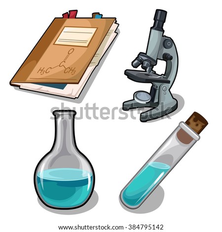 Set equipment of chemical and microbiological laboratories isolated on a white background. Vector cartoon close-up illustration
