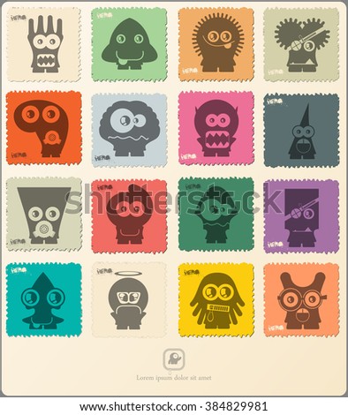 Set of retro postage`s stamp with funny monsters. Cartoon illustration. Vector set.