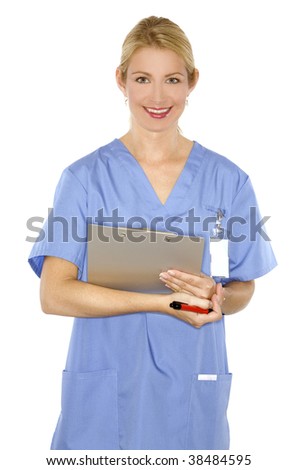beautiful blond healthcare worker wearing blue uniform scrubs