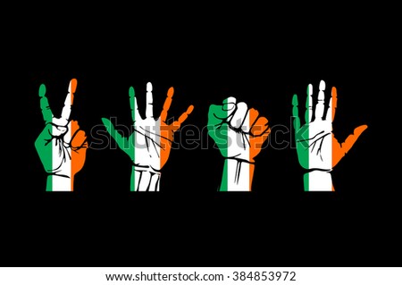 A set of hands with different gestures wrapped in the flag of Ireland art