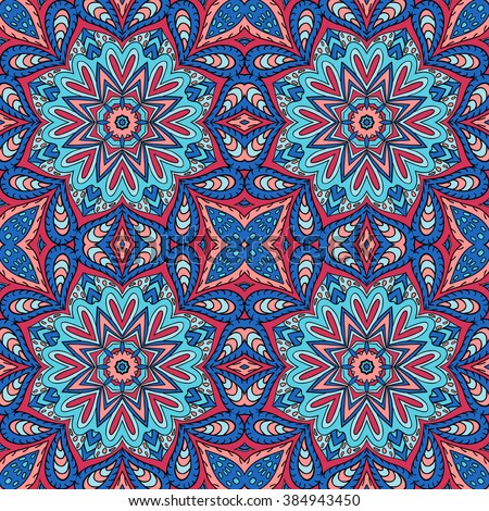 Seamless pattern doodle ornament. Colorful background. Ethnic motives. Zentangl. Red and blue colors