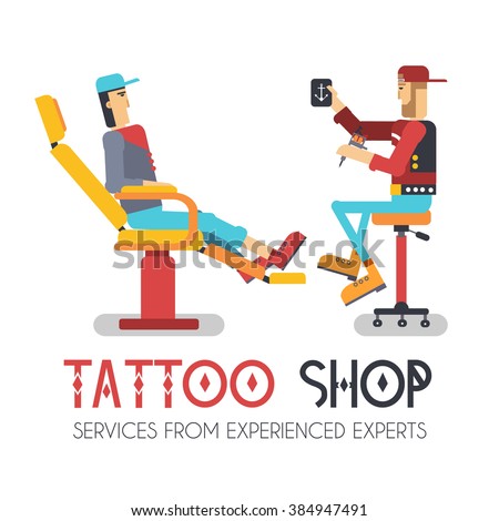 The artist offers the option of a tattoo for client concept. Vector tattoo shop with people background. Flat retro style with typography text design concept illustration 