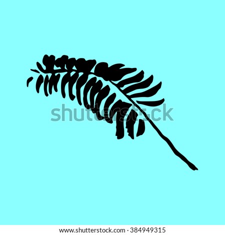 Vector ink palm icon. Tropical palm tree on blue background. Decoration element. Palm doodle in hand drawn style. Tropical leaf palm icon. Tourist holiday decoration element. Black tropical leaf.