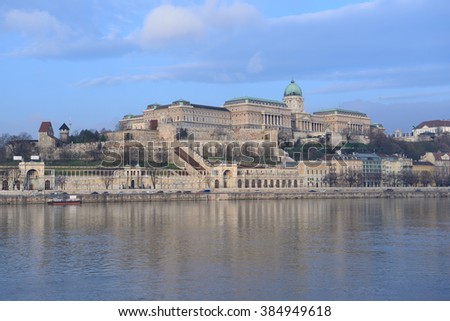 View on Castle Hill and Danube river from Pest in winter. Budapest, Hungary. Royalty-Free Stock Photo #384949618
