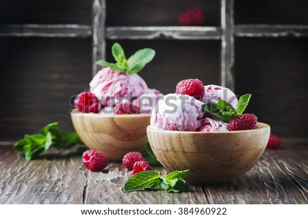 Sweet raspberry ice-cream witn mint, selective focus