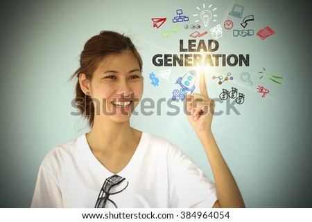 young woman smiling and hand pointing at LEAD GENERATION concept , business concept , business idea 