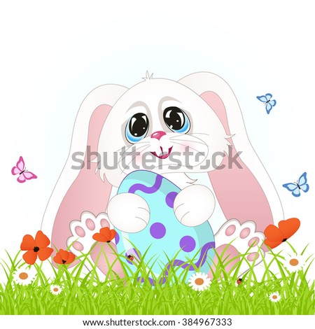 Cartoon easter scene. White Easter bunny with Easter egg in a field.