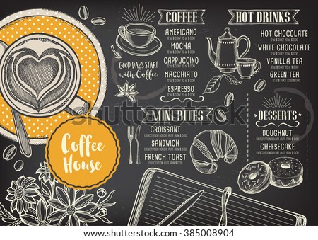 Coffee restaurant brochure vector, coffee shop menu design. Vector cafe template with hand-drawn graphic. Coffee flyer. Royalty-Free Stock Photo #385008904