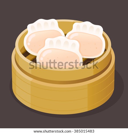 Steamed shrimp dumpling dim sum on a bamboo tray, vector illustration