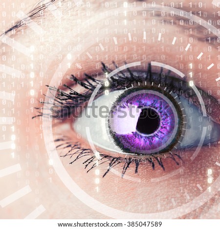 Modern cyber woman with matrix eye concept. Macro shot