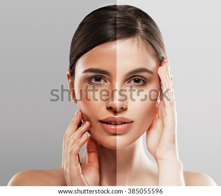 Woman face with half tan skin. Beautiful caucasian woman portrait on gray background Royalty-Free Stock Photo #385055596