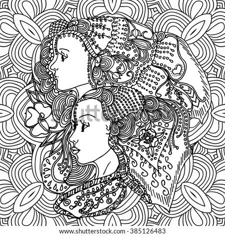 Vector girls in doodle style with gorgeous hairs on doodle background. Can be used as card, invitation, background element, adult coloring book. Hand drawn style.