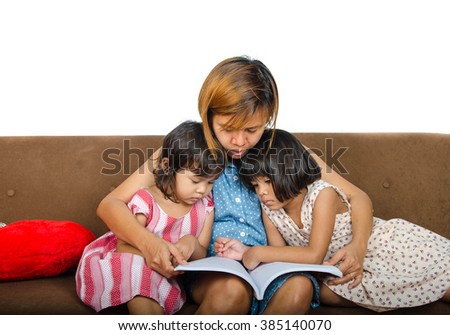 Asian Mom And Child Read a Book On White Background