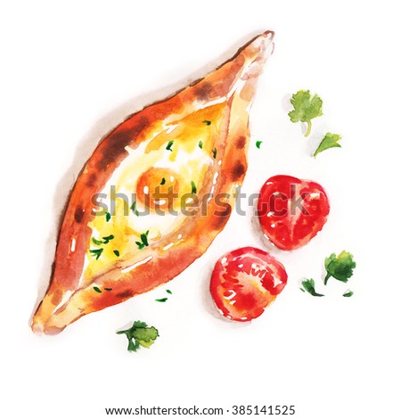 Succulent watercolor illustration with national Georgian food - khachapuri. Dough baked with cheese and egg.