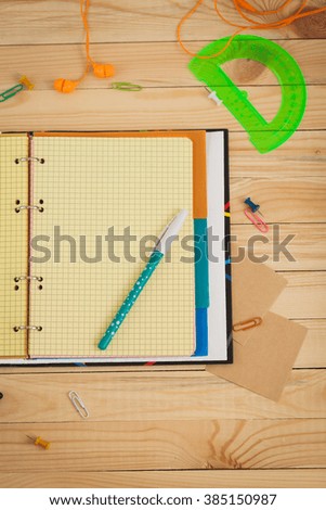 Desktop notebook, stationery, scissors, stickers