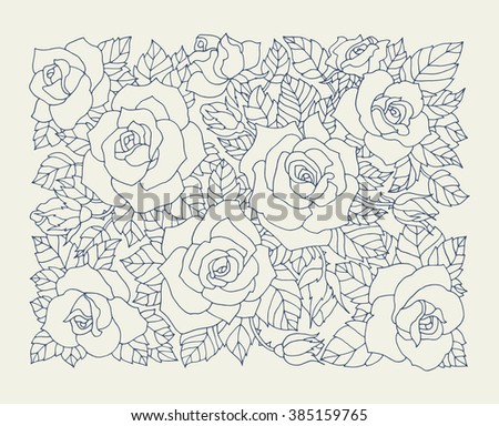 Roses flowers, floral pattern background. Vector artwork. Love bohemia concept for wedding invitation, card, ticket, branding, boutique logo, label. Monochrome dark grey blue, beige color