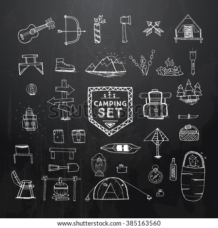 Hand drawn camping, hiking or mountain climbing icons set on black background with transparent wooden texture. Travel and adventure collection. Vector illustration. 