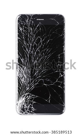 Modern smartphone with broken glass screen isolated on white background. Device needs repair.