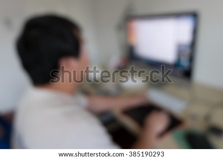 blur image background, computer on table work of workplace in business home office
