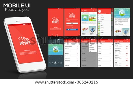 Material Design UI, UX Screen, flat web icons for mobile apps, responsive websites with Welcome Screen, Login Form, Showcase Screen, Information Screen, Play Movies Screen, and Favourites Screen.  Royalty-Free Stock Photo #385240216