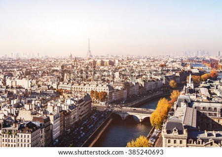 Paris panoramic view, beautiful aerial cityscape with Eiffel Tower on background