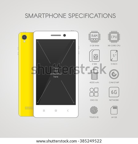 Smartphone specification with flat line icons. Gadget description. 