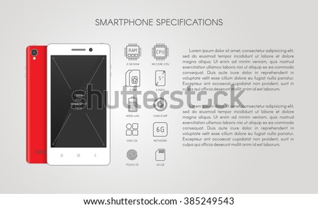 Smartphone detailed specification with flat line icons and text. Gadget description.