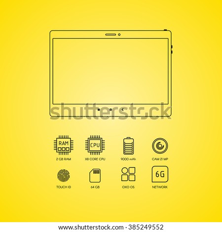 Tablet computer specification with flat line icons. Gadget description.