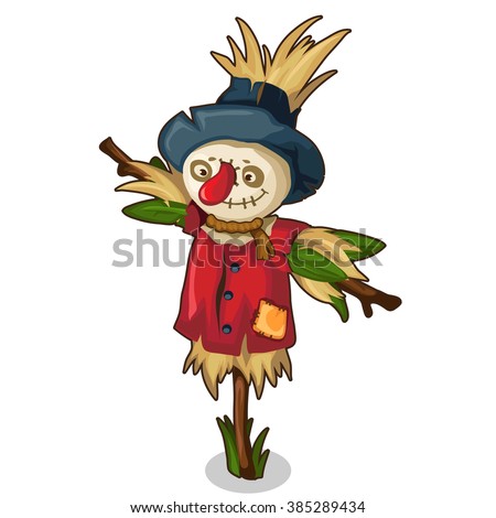Scarecrow in the red shirt and black hat. Vector illustration.
