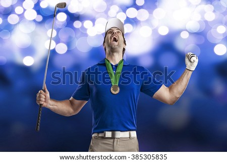 Golf Player in a blue shirt celebrating with a golden medal, on a blue lights Background.