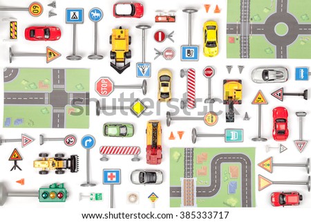 driving school concept. road signs and cars on white background top view