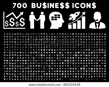 700 Business vector icons. Style is white flat symbols on a black background.
