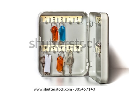 Key box with keys and colored tags. Toned. Stylization Royalty-Free Stock Photo #385457143