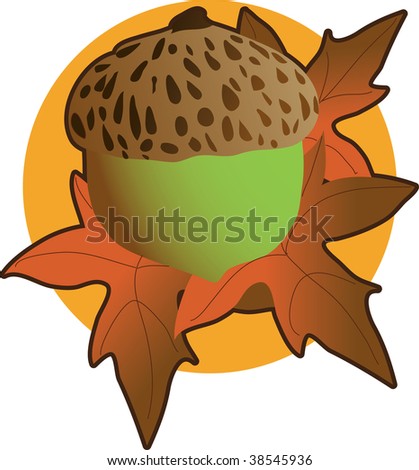 An acorn and autumn leaves on an orange circle background