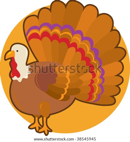 A turkey standing with it's tail spread out on an orange circle background